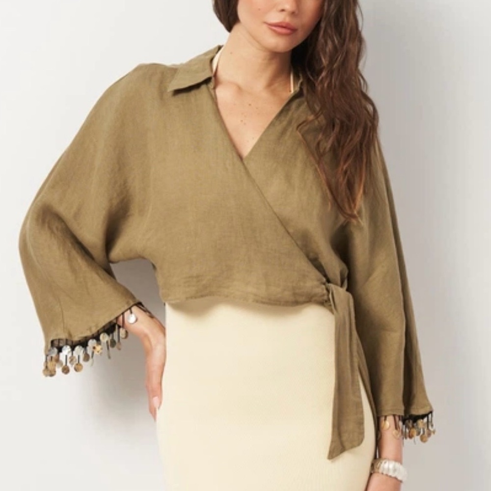 Rachel Zoe Wrap Crop Top Bead Sleeves Linen Blend Collared Crop Top Olive Green